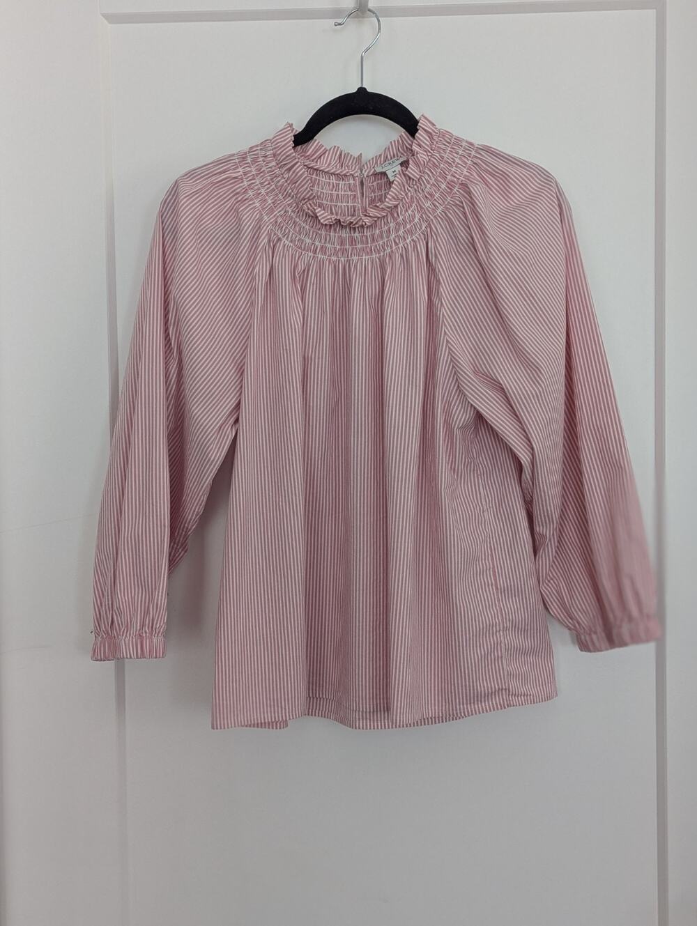 J. Crew Women Medium Pink Stripe Cotton Blouse Peasant Smocking Preppy EUC